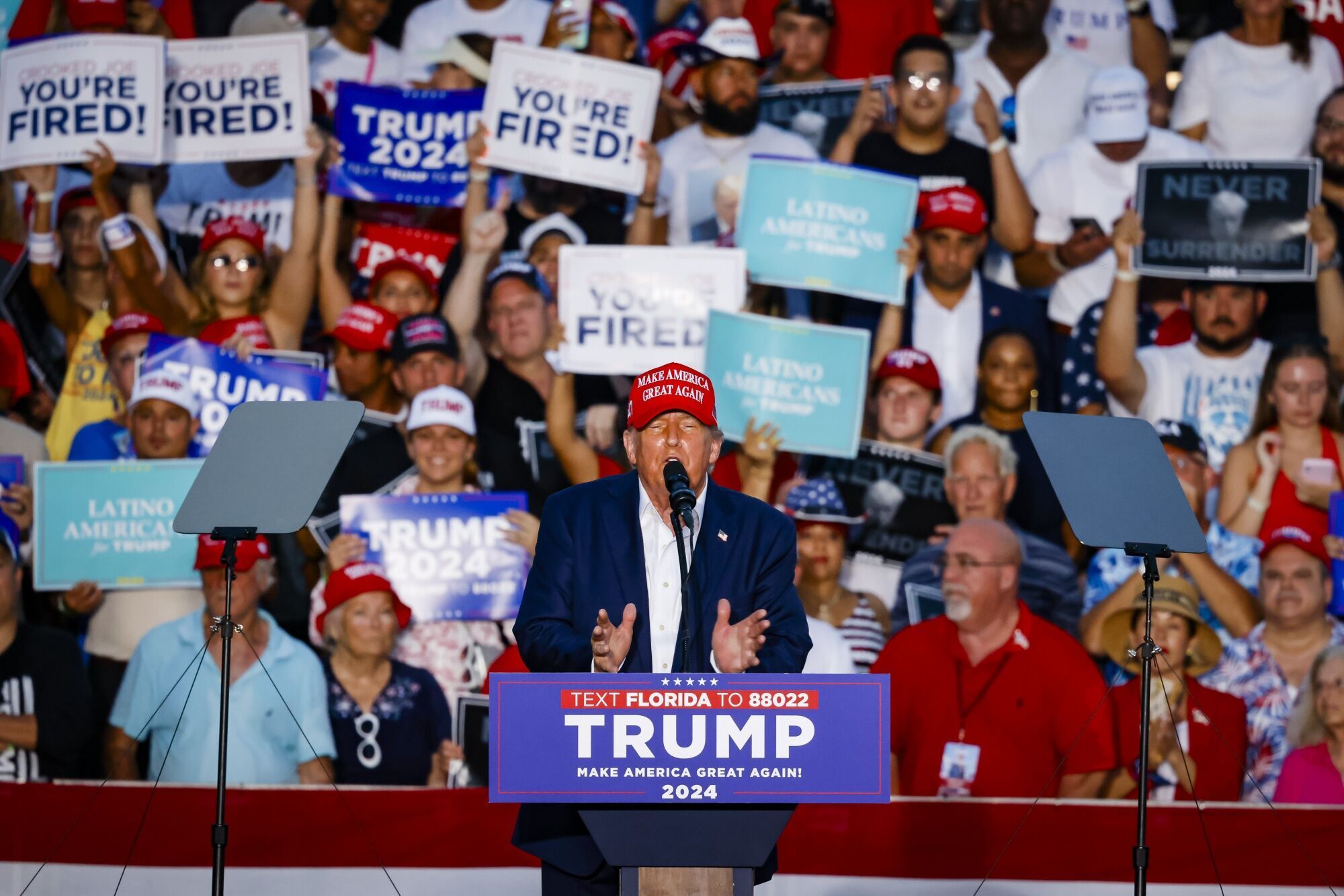 Former President Trump speaks at Trump National Doral Golf Club in Miami last evening. 