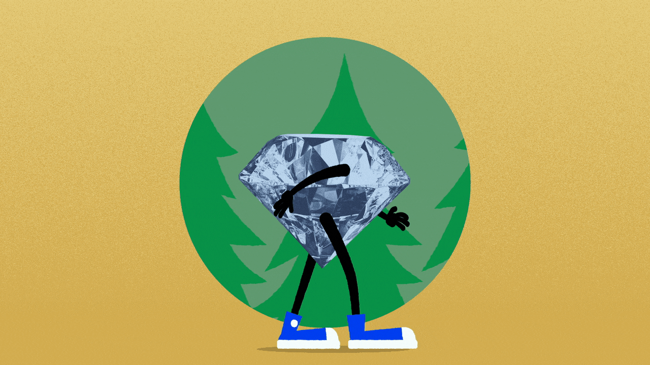 Illustration of a diamond with arms and legs walking past pine trees.