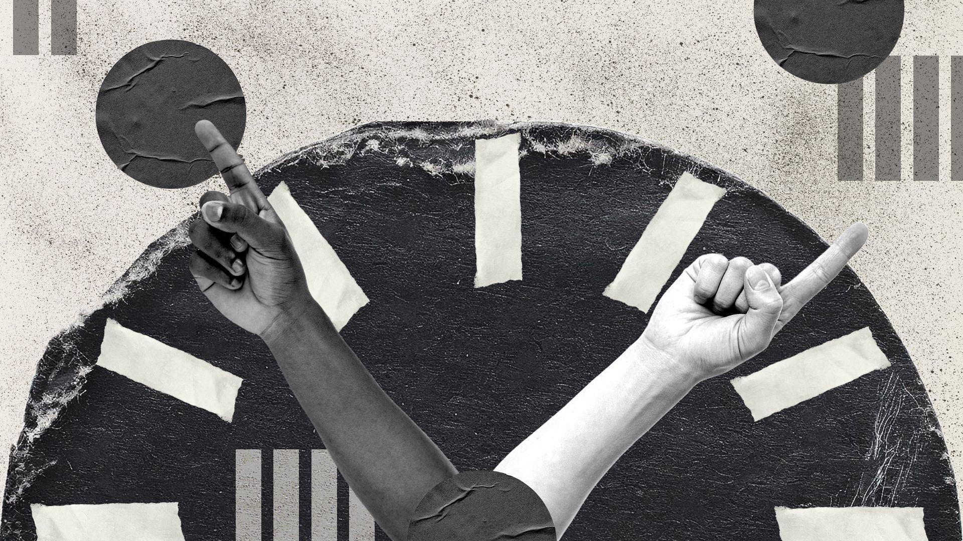 Illustrated collage of a Black arm and white arm pointing on a deconstructed clock made of torn paper. 