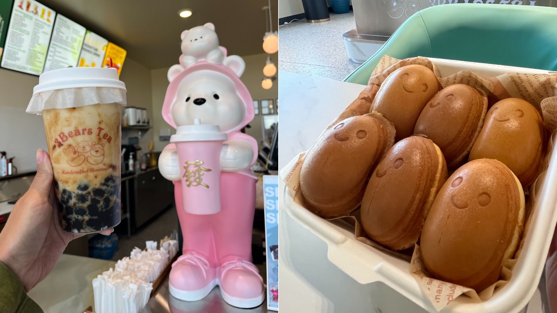 Bubble tea held up next to a bear decor. And little egg waffles with smiley faces.