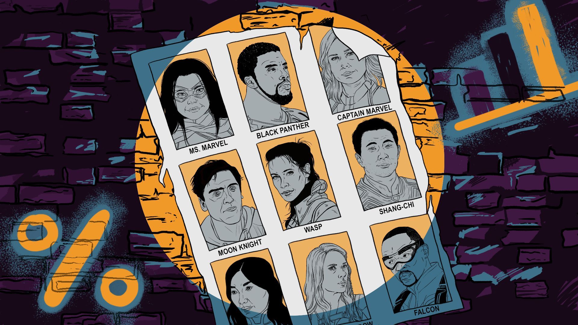 Illustration of Marvel Cinematic Universe characters drawn on a poster against a brick wall, with graffiti of a percentage symbol and a bar chart surrounding it.