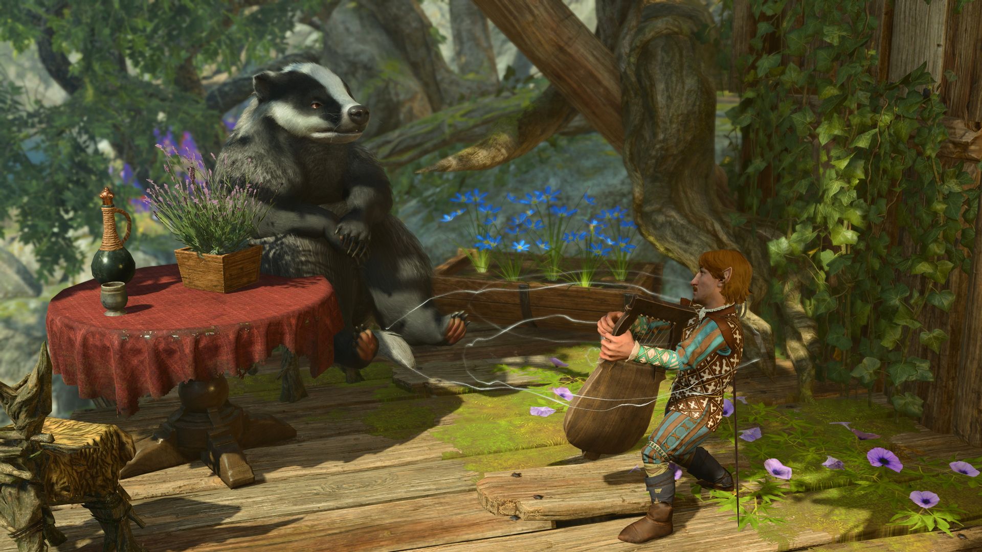 Video game screenshot showing an elf playing a stringed instrument for a large skunk