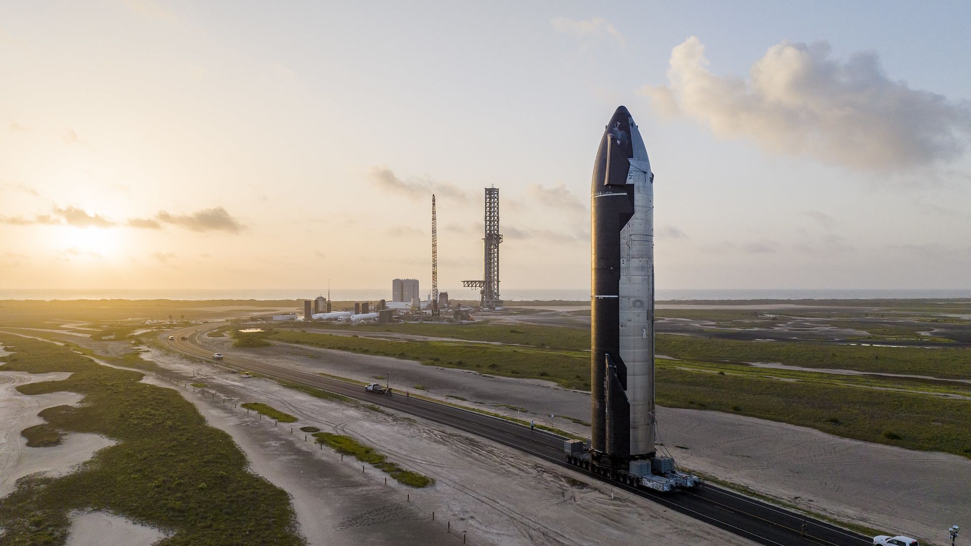 A SpaceX Starship in sunset.