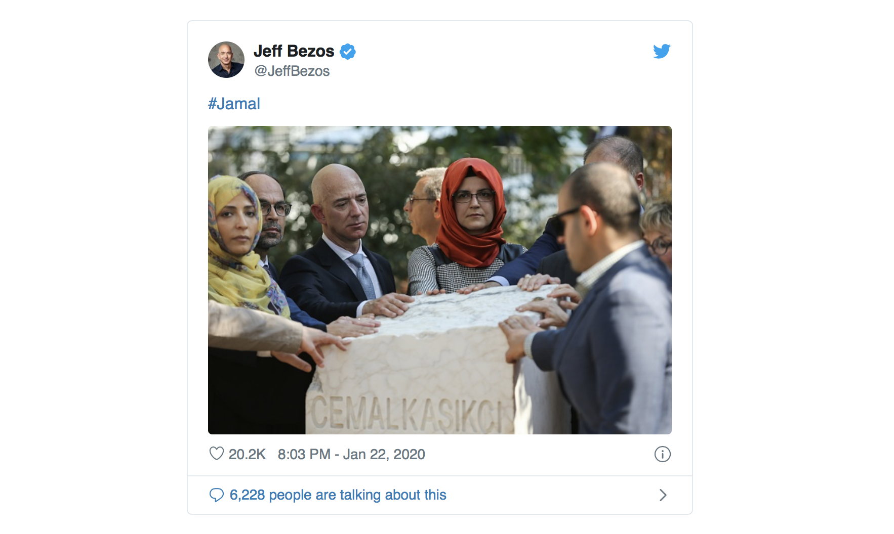 A tweet from Jeff Bezos, showing an image from the memorial of slain Washington Post journalist Jamal Khashoggi