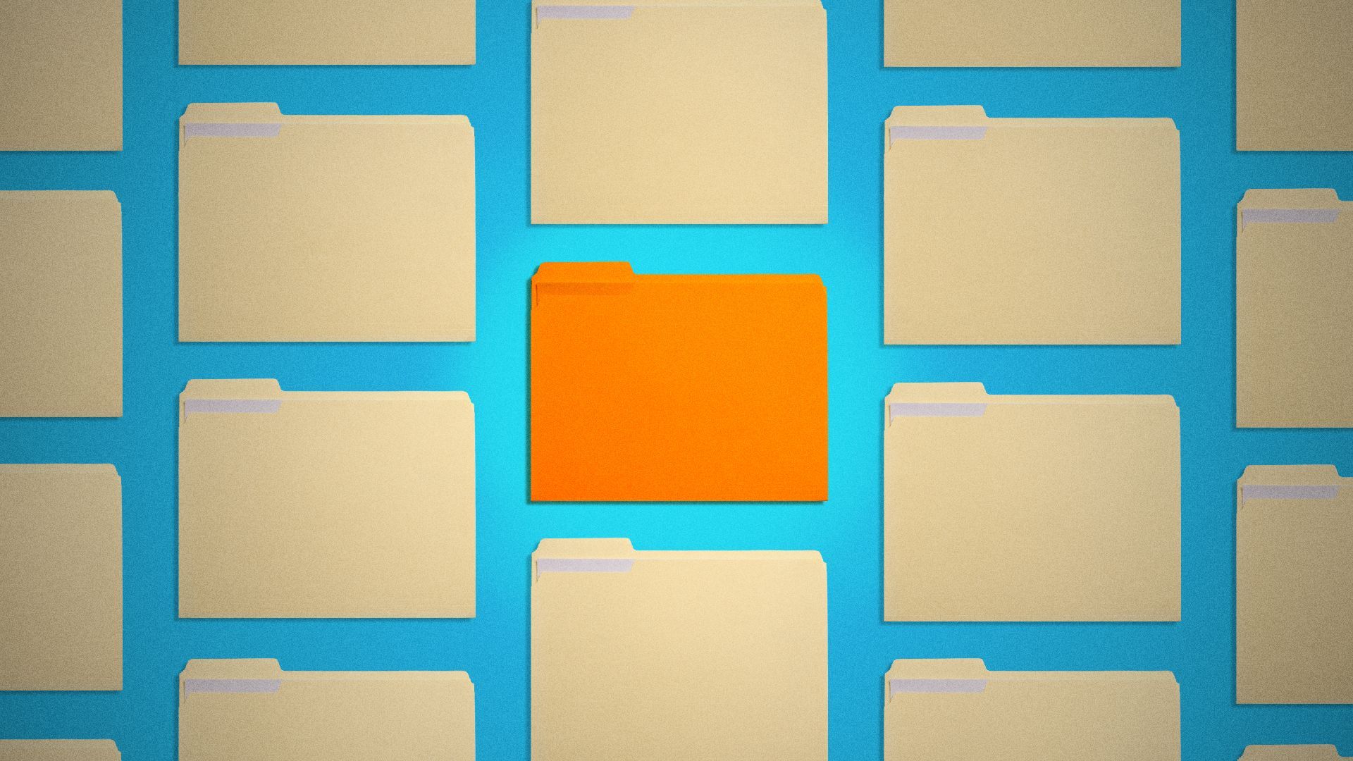 Illustration of a pattern of manila folders surrounding a glowing orange folder.