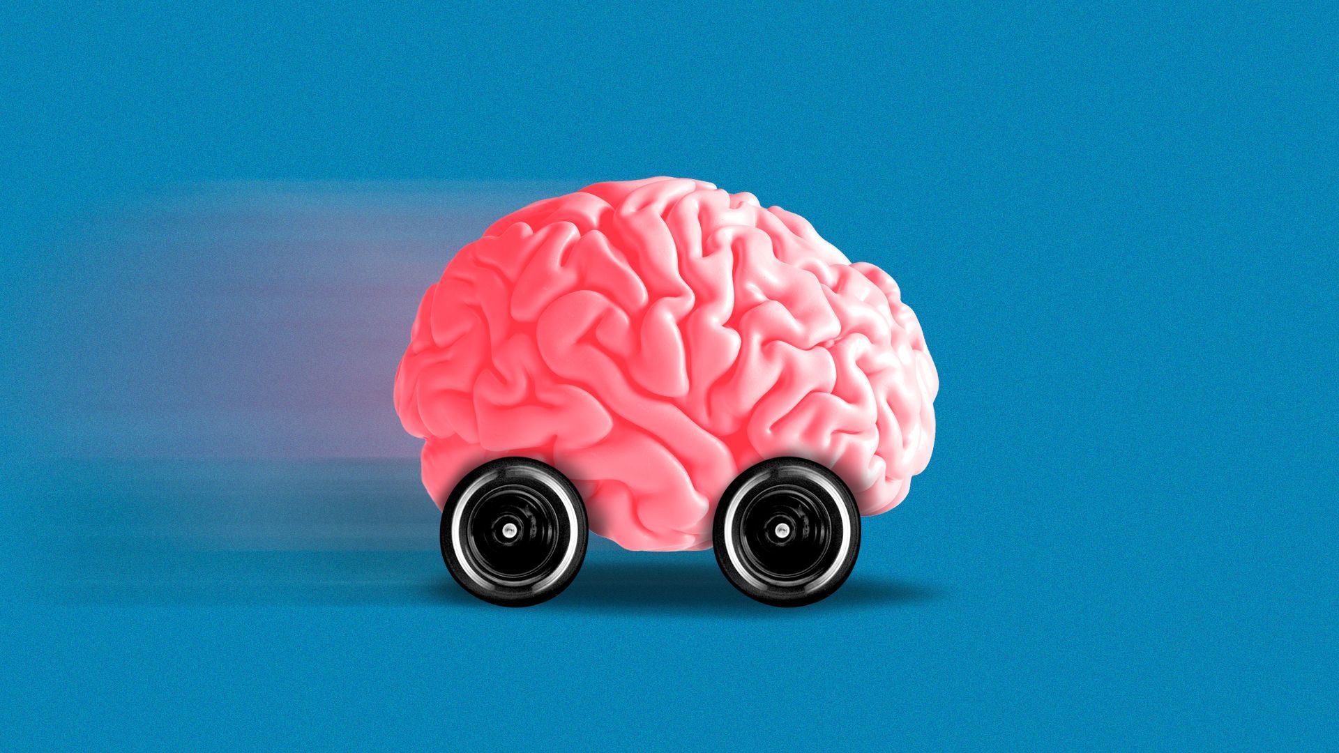 Photo illustration of a brain with race car tires.