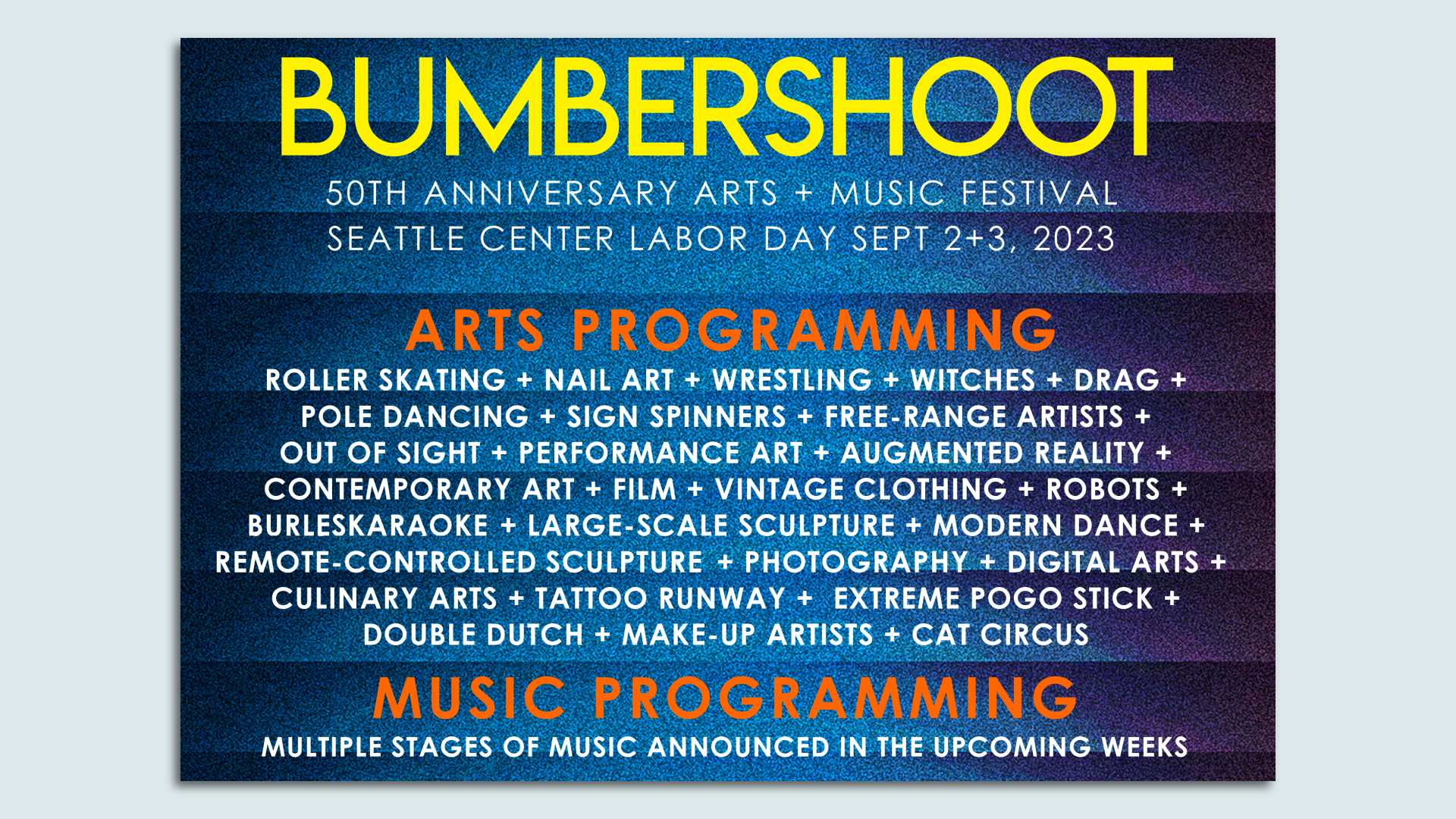 An excerpt of a Bumbershoot flier advertising different types of artistic events that are part of this year's festival.