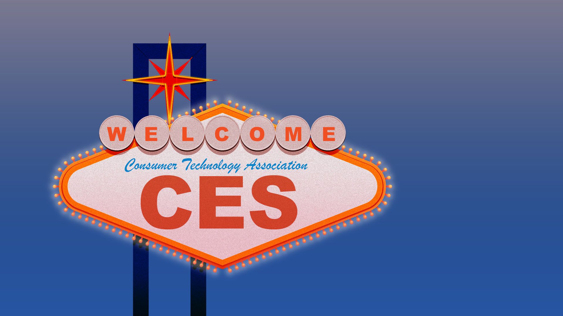 Illustration of the famous Las Vegas welcome sign reading "Consumer Technology Association" and "CES"