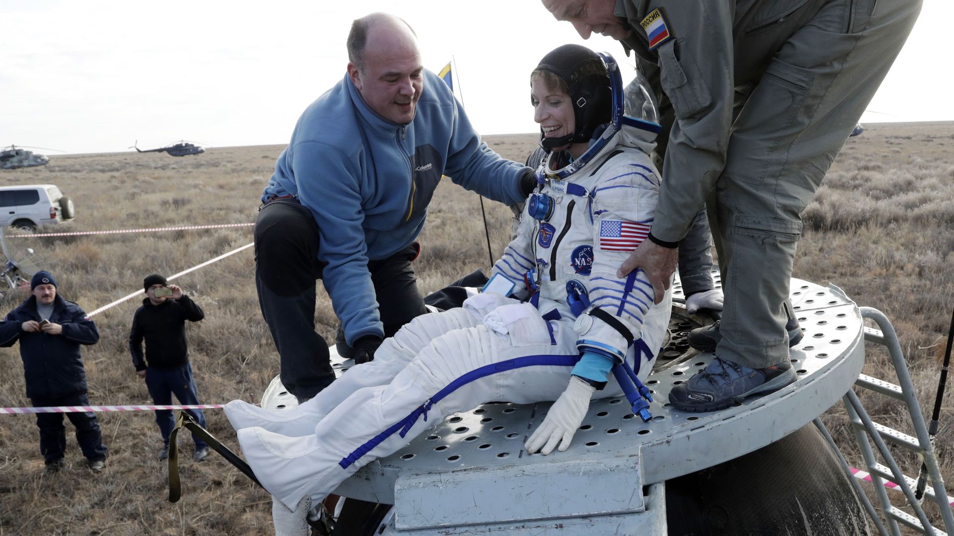 Photo of American astronaut Kathleen Rubins after landing from space