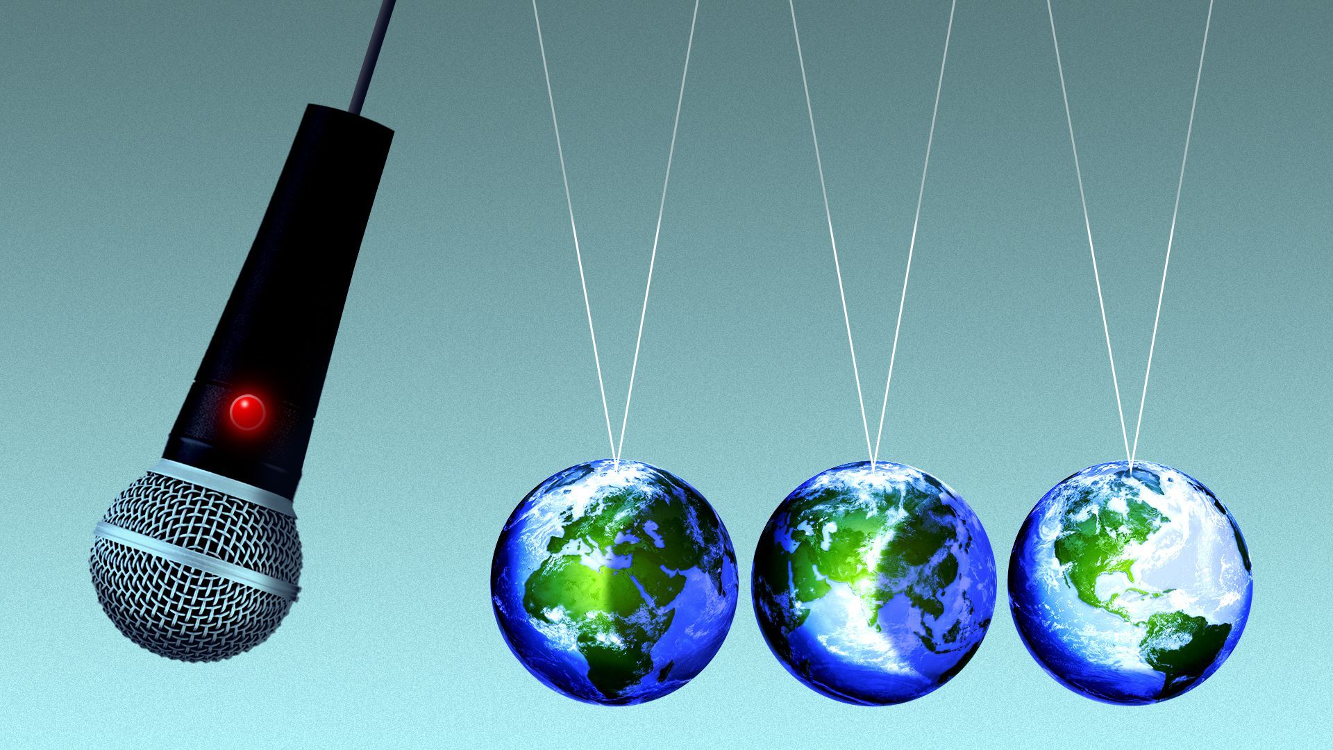 Illustration of a microphone about to hit a Newton's Cradle made up of different earths