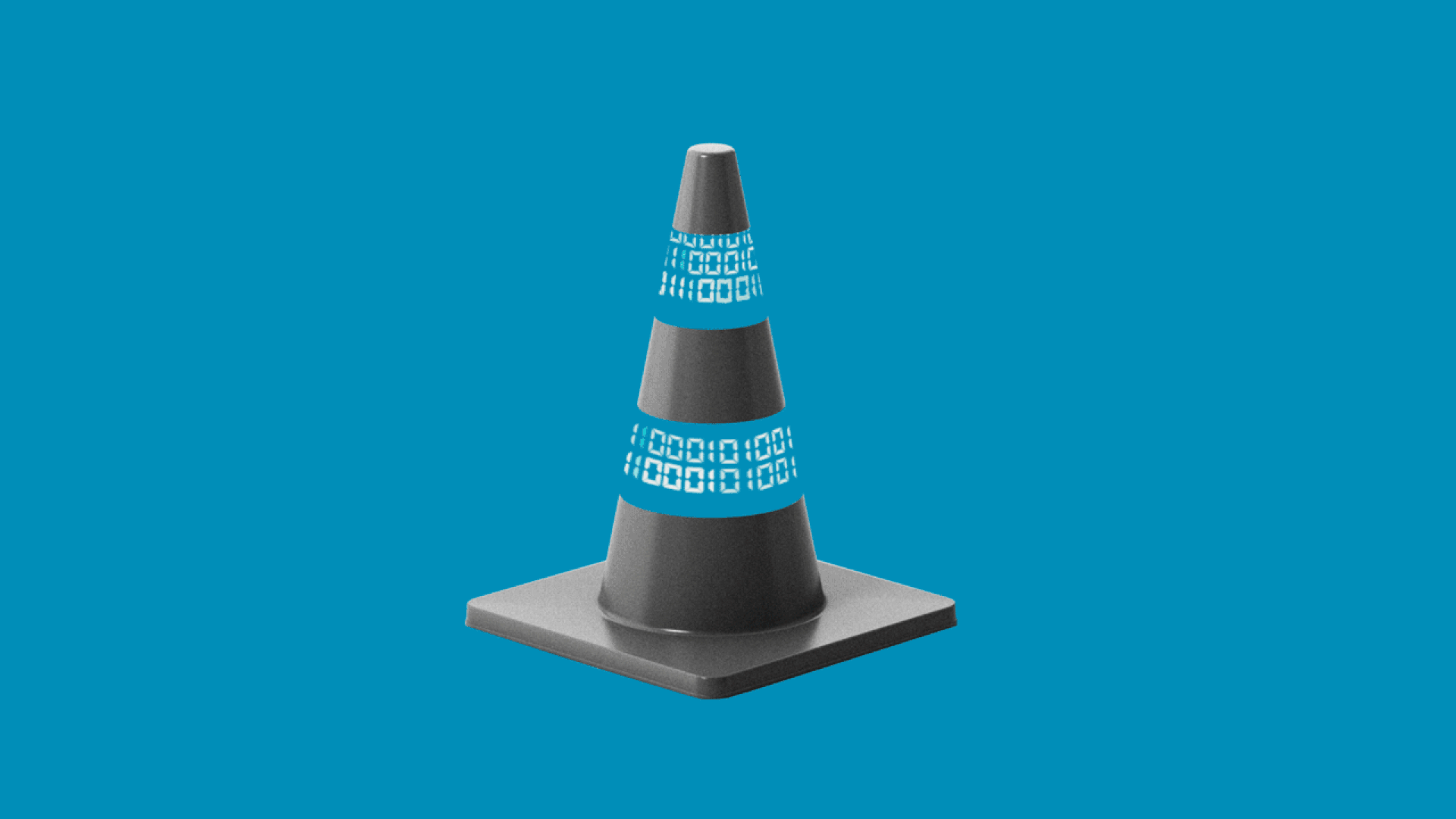 Traffic cone with binary code running across as stripes.