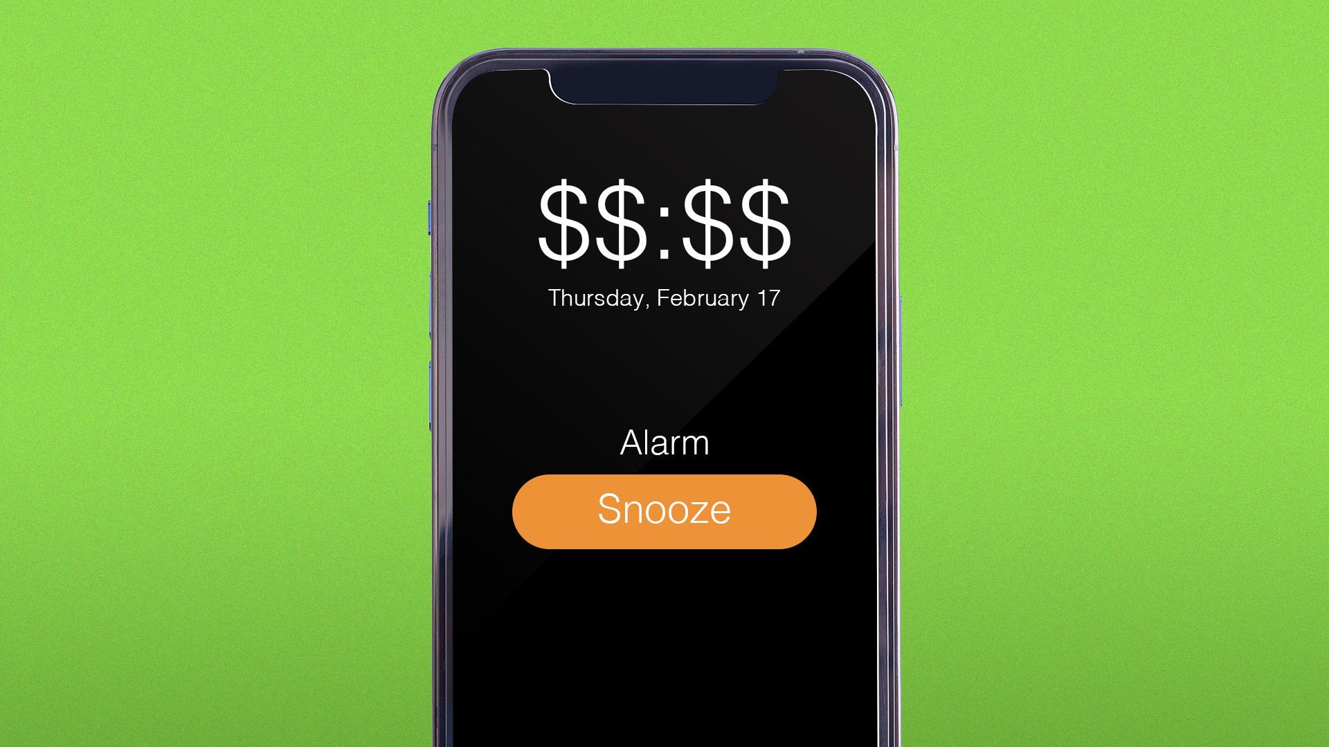 Illustration of an iPhone displaying the time "$$:$$" and an alarm snooze button.