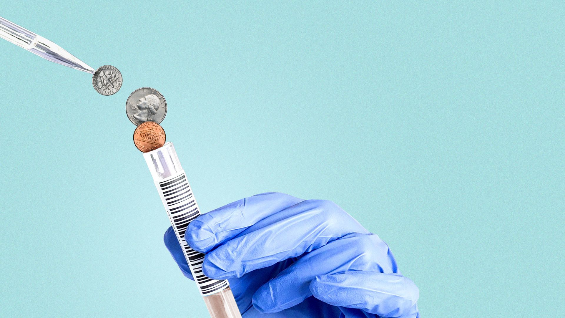 Illustration of a pipette dropping droplets of coins into a test tube.
