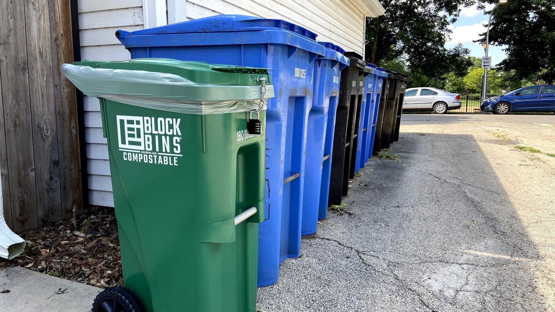 Garbage bins lined up in an alley.
