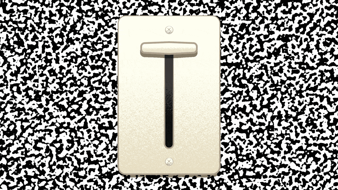 Animated illustration of a light dimmer switch with static noise behind it, which goes away when the dimmer moves down.