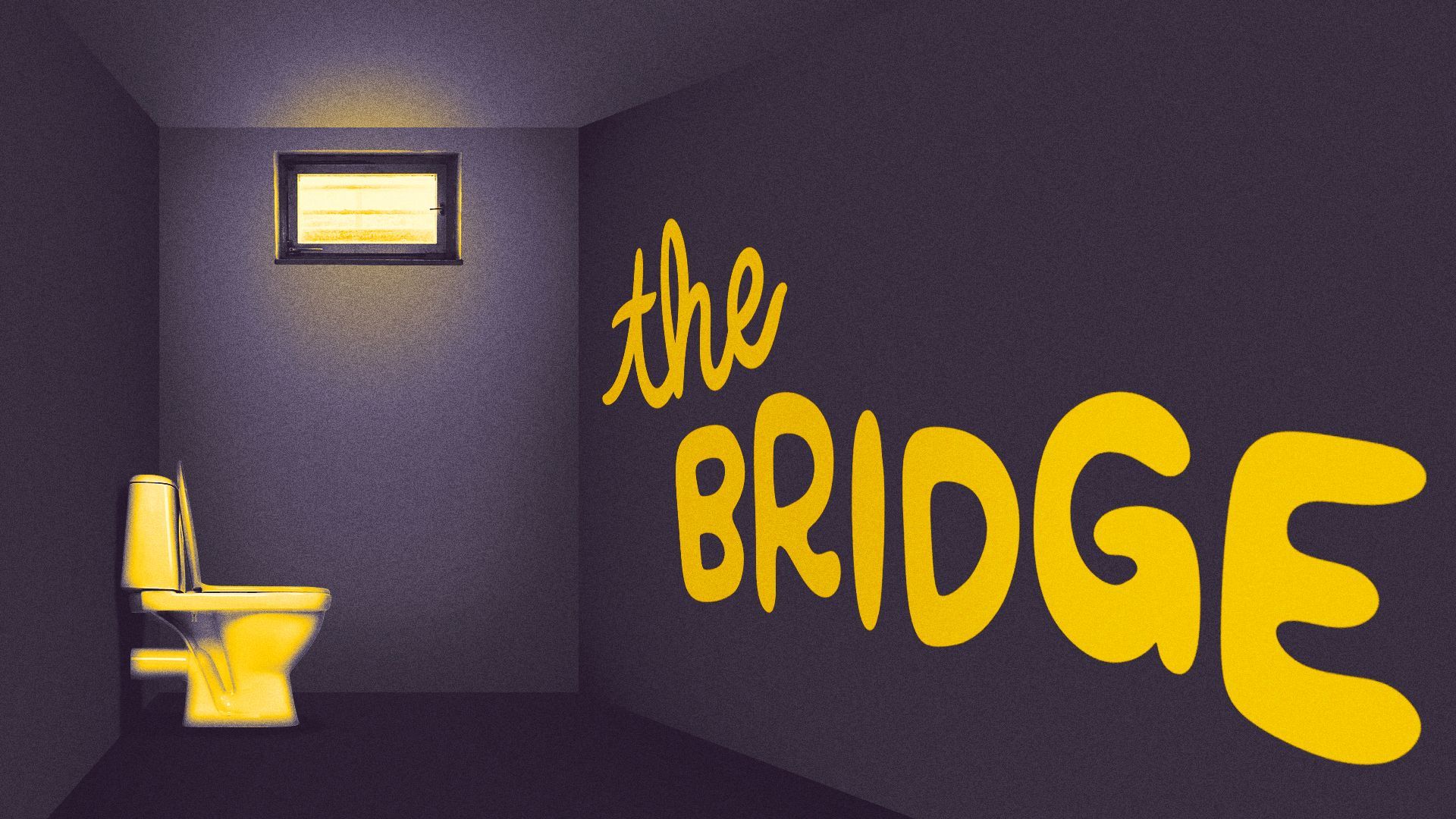 Illustration of a Pittsburgh potty in a basement with the words "The Bridge" running along the wall. 