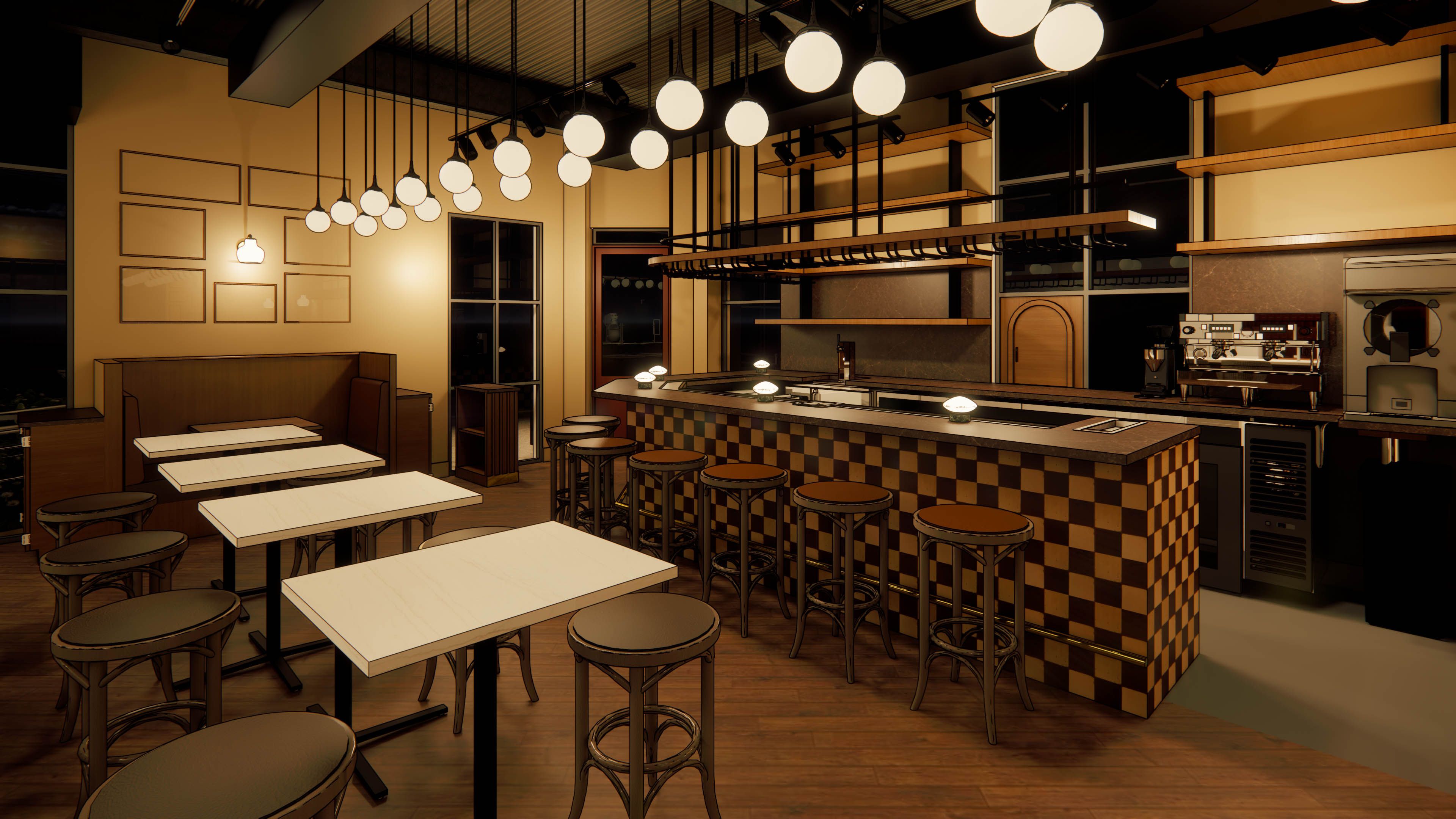 A warm cafe interior with a long checkered yellow-and-black bar, wooden stools, white tables, round globe pendants, and booth seating on the left; coffee station and equipment at the back.