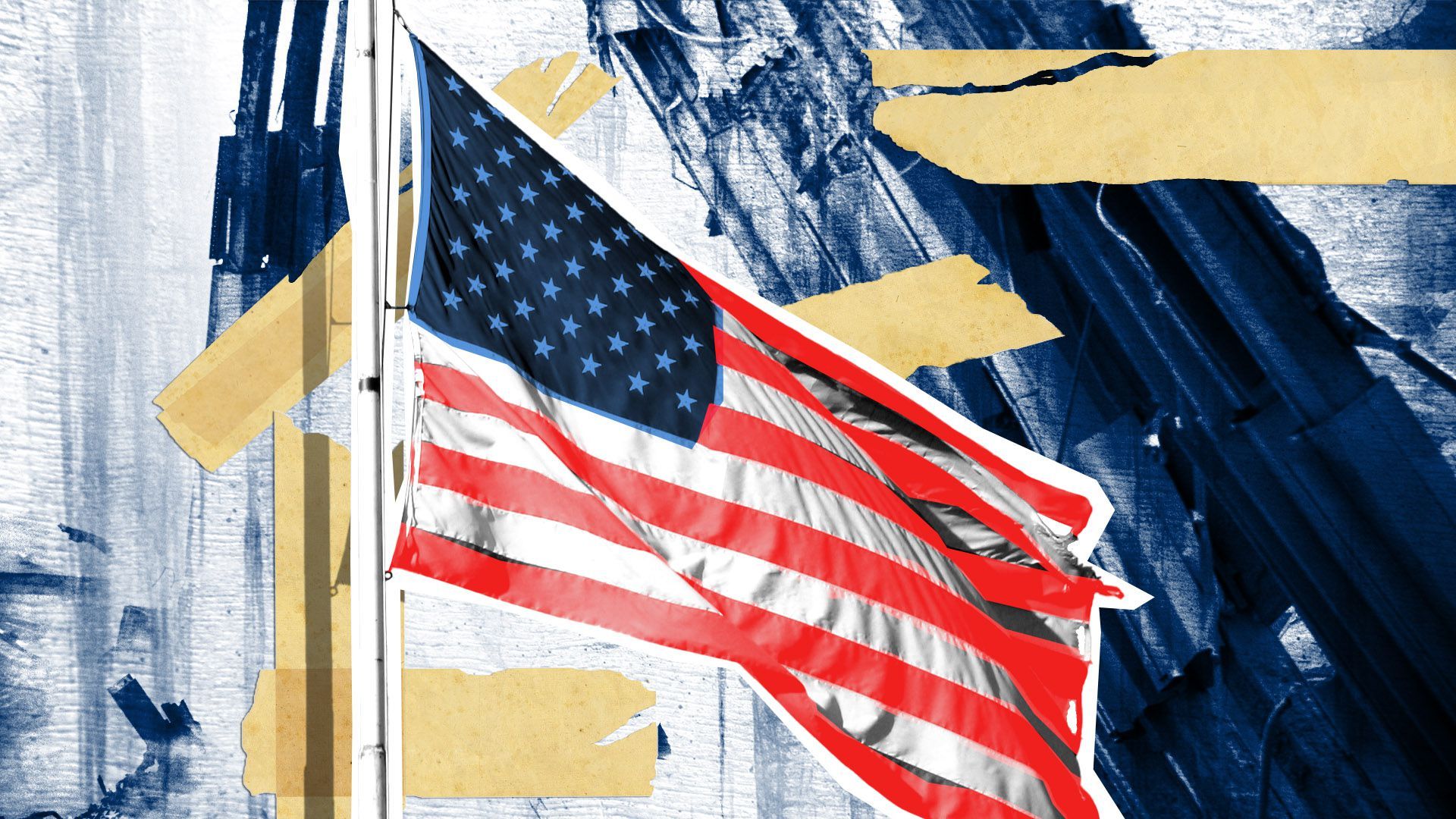 Photo illustration of the U.S. flag with a photo of the destroyed World Trade Center behind it