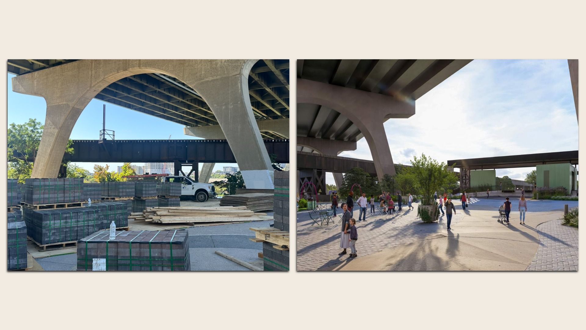Two-panel scene beneath a large concrete bridge: left shows a construction yard with stacked bricks, pallets, and a white pickup; right shows a public plaza with people, trees, and bridge arches under a blue sky.