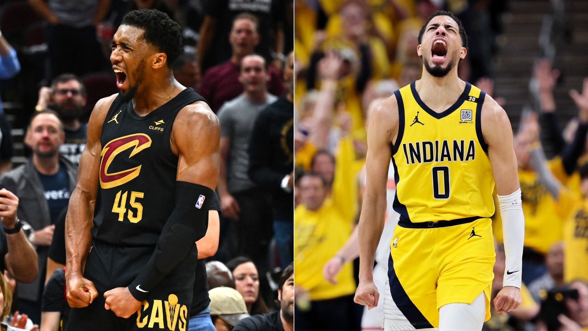 Side by side images of NBA's Donovan Mitchell (black jersey) and Tyrese Haliburton (yellow); screaming faces