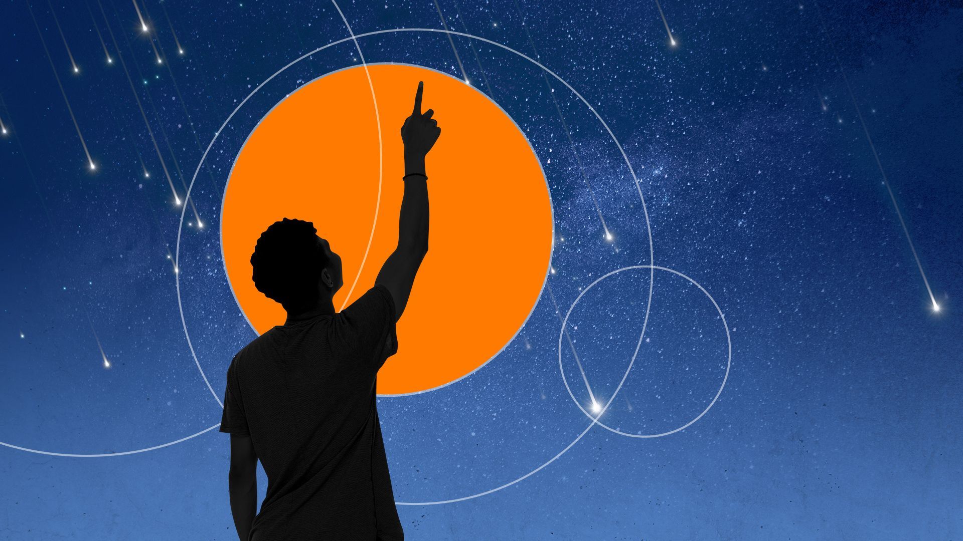 Illustrated collage of a person pointing up at the sky showing a meteor shower on a starry background surrounded by circles and orbits.