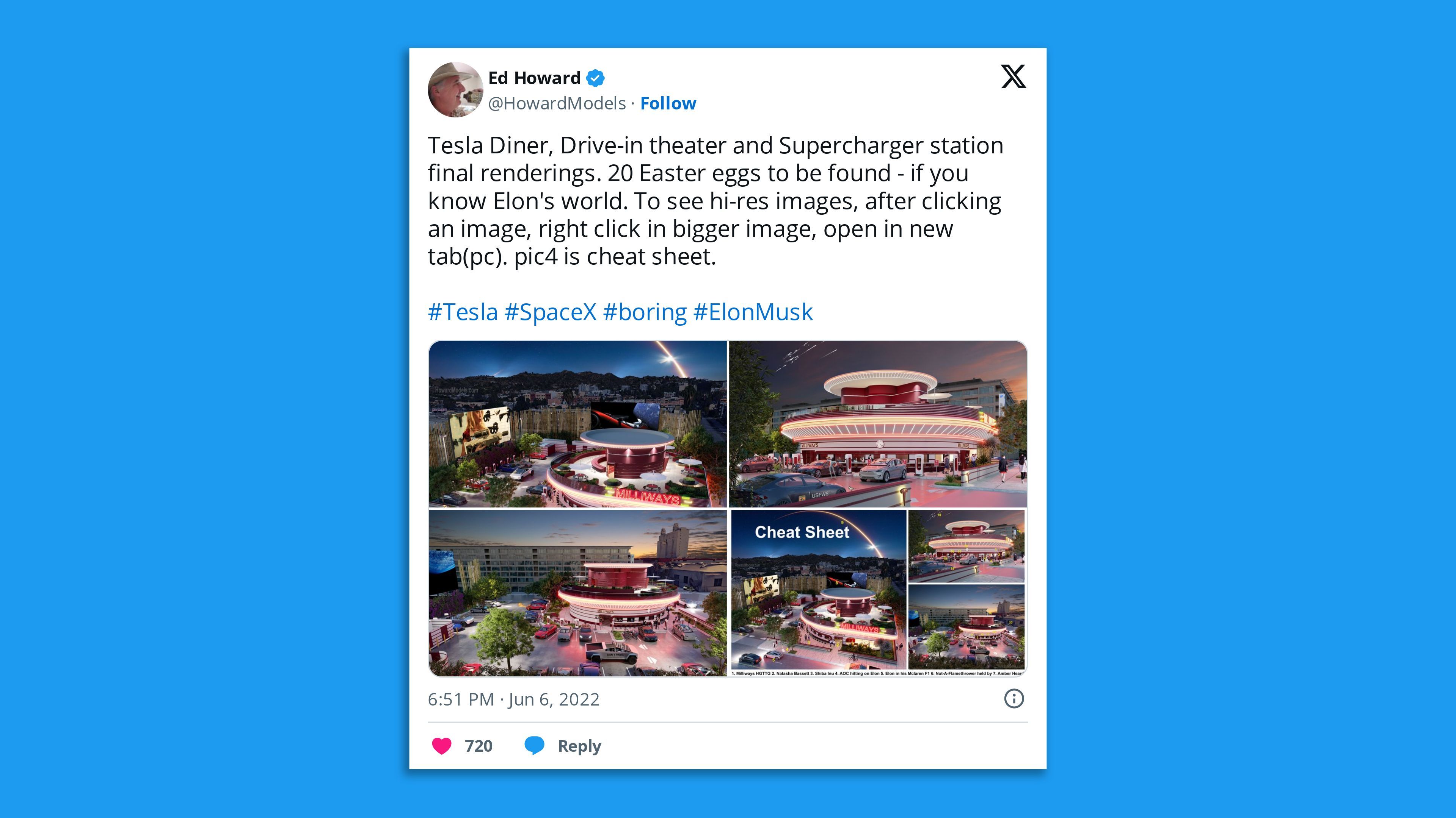 A tweet that includes imagined renderings of the new Tesla diner.