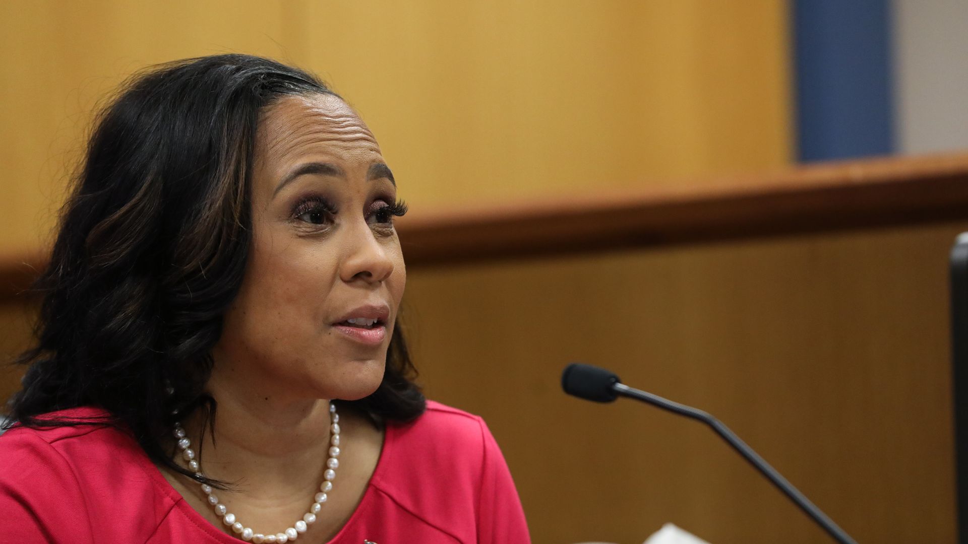 Fulton County District Attorney Fani Willis testifies during a hearing in the case of the State of G