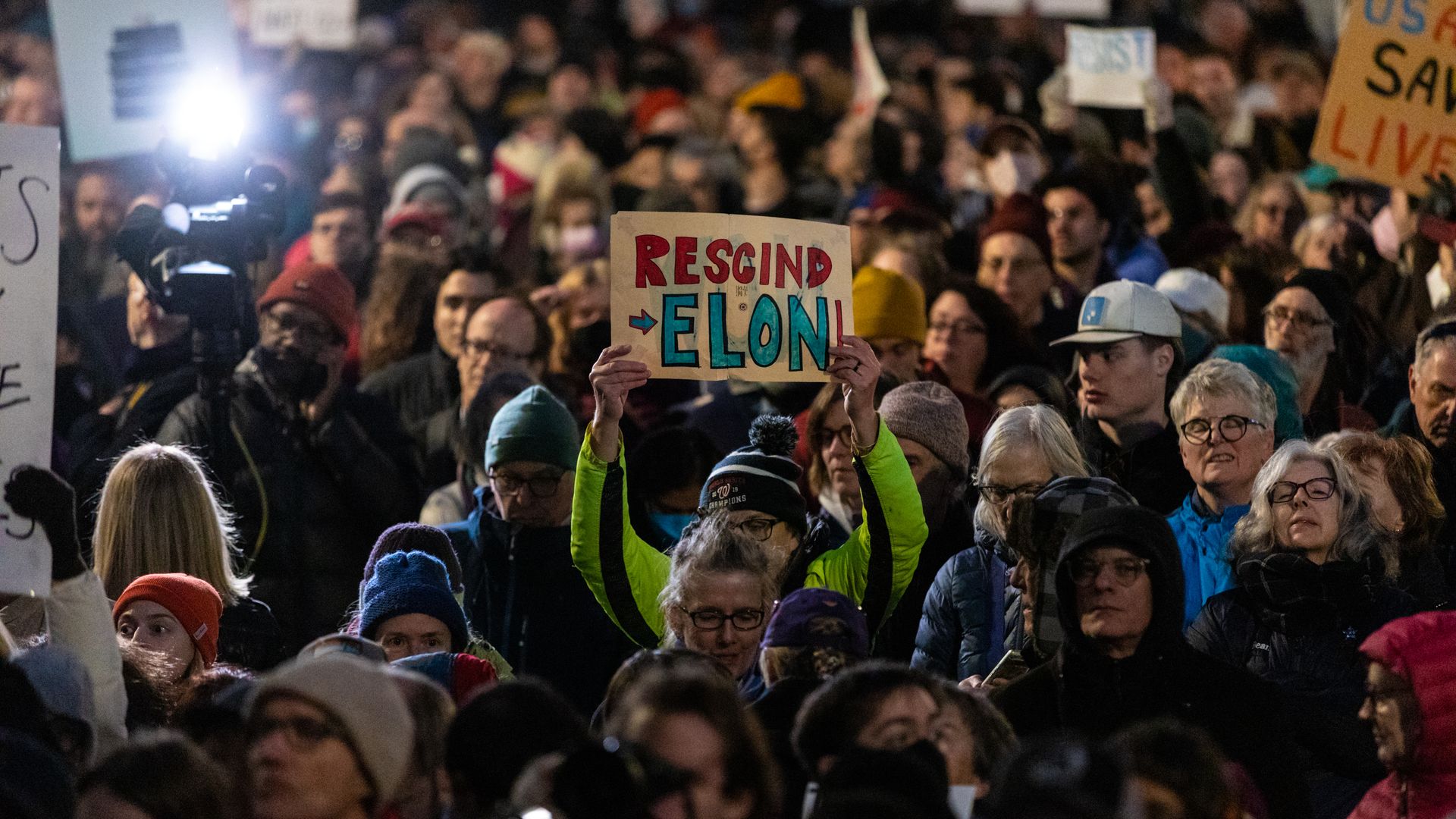 Demonstrators participate in a rally in front of the U.S. Treasury Department in protest of Elon Musk and the Department of Government Efficiency on February 4, 2025 in Washington, DC. 