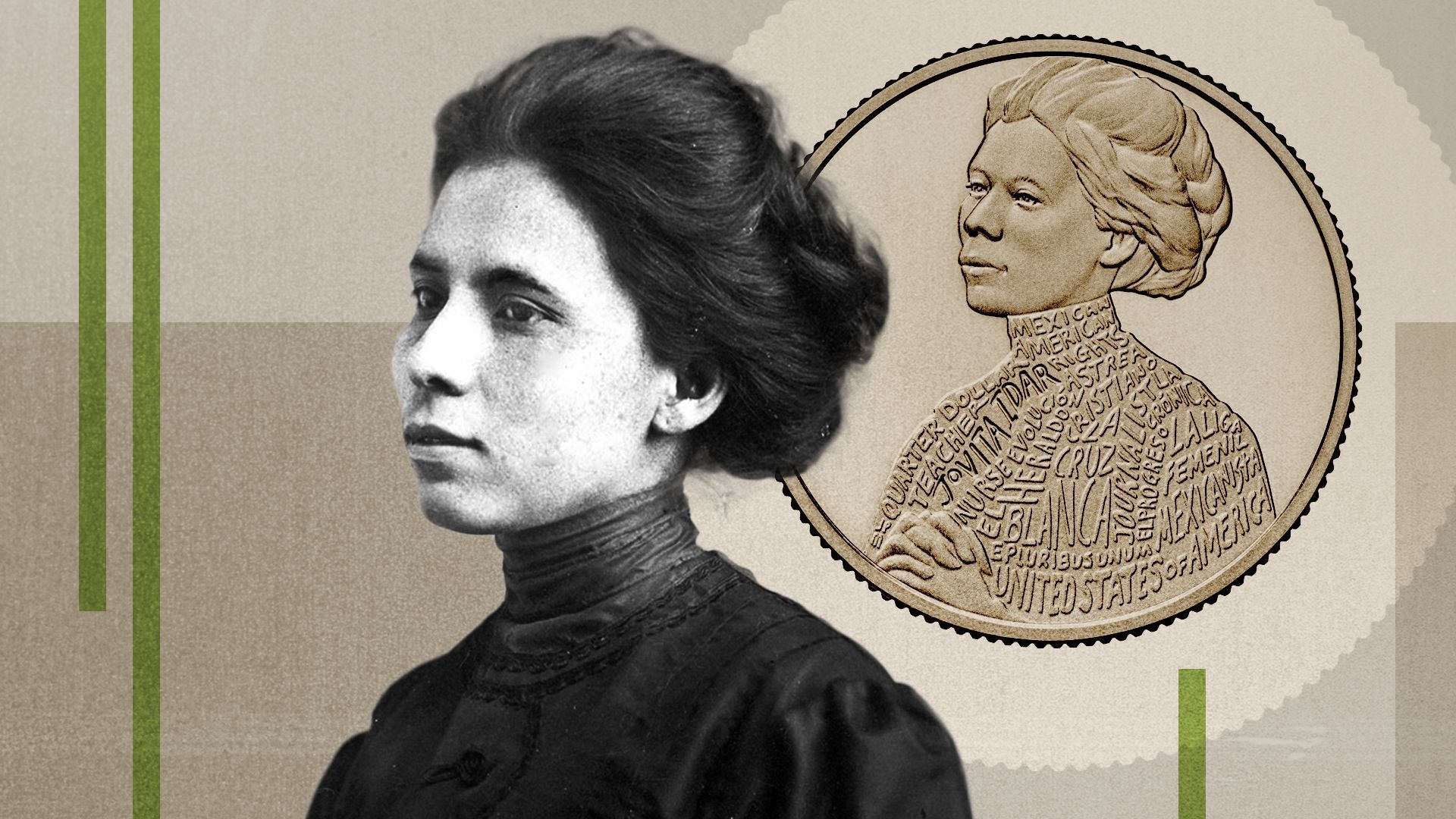 Photo illustration collage of Jovita Idar and the quarter. 