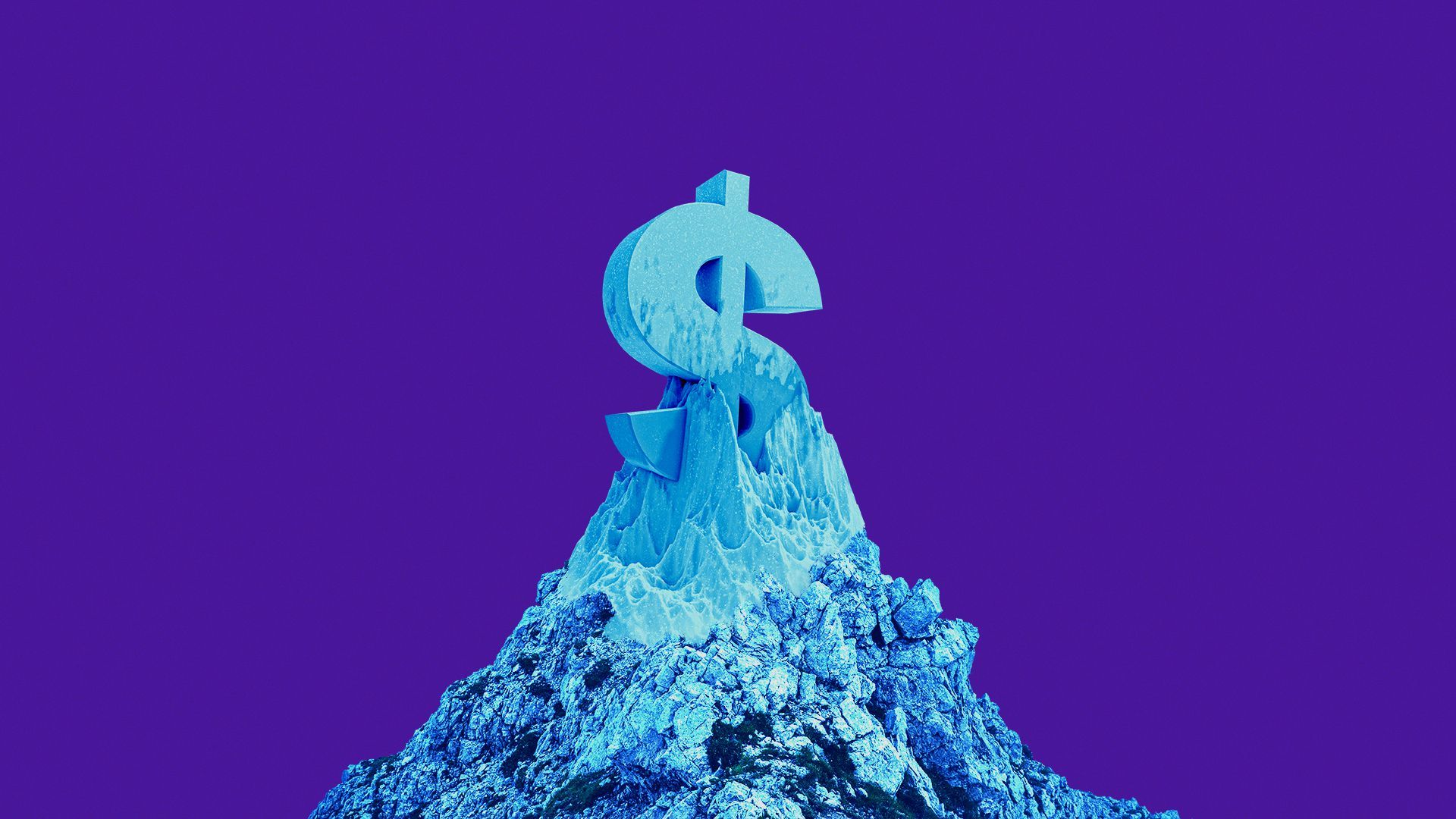 Illustration of a blue mountain with dollar sign made of ice on top.