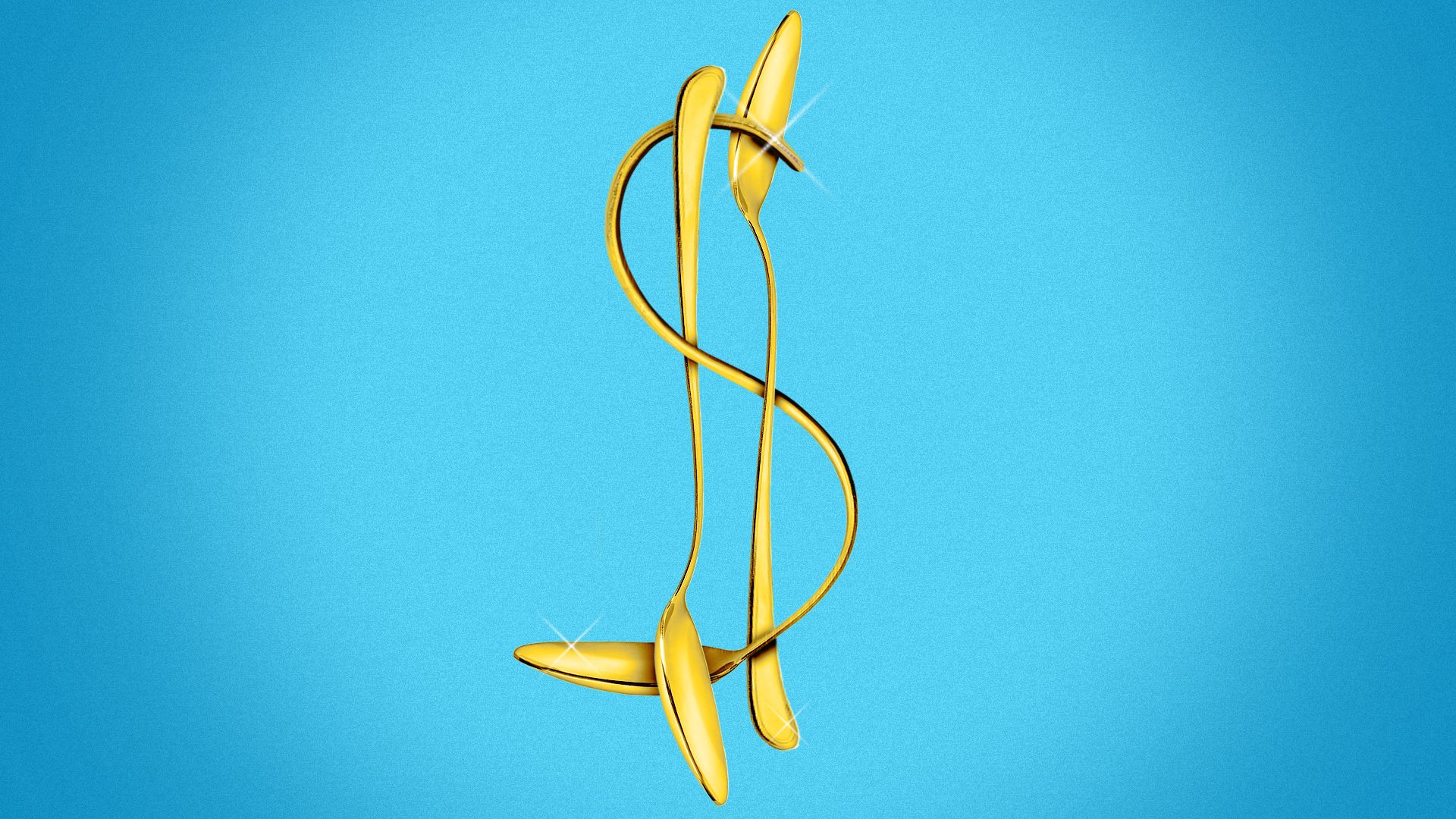 Illustration of golden spoons bent at different angles to form a dollar bill sign. 