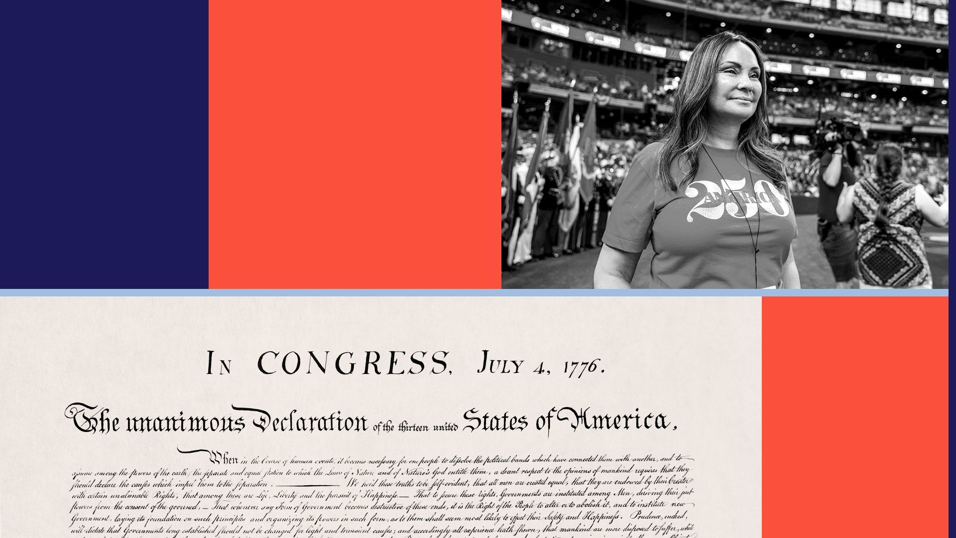 Photo illustration of Rosie Rios next to graphic shapes and an image of the Declaration of Independence.