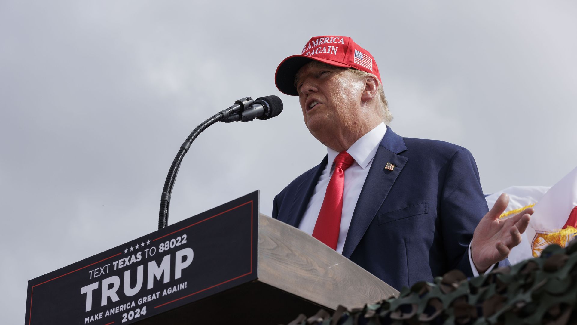 Former President Donald Trump gives remarks at the South Texas International airport on November 19, 2023 in Edinburg, Texas. 