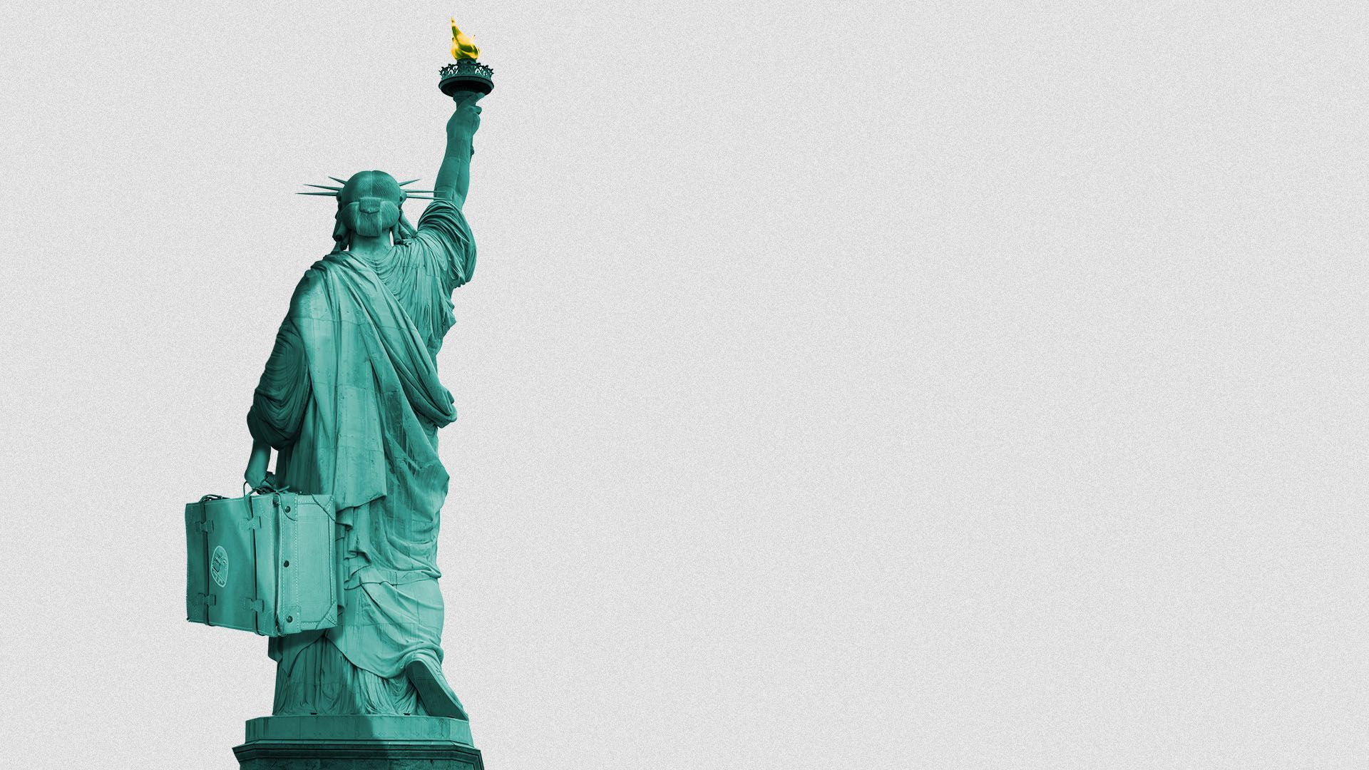 Illustration of the statue of liberty from behind carrying a suitcase