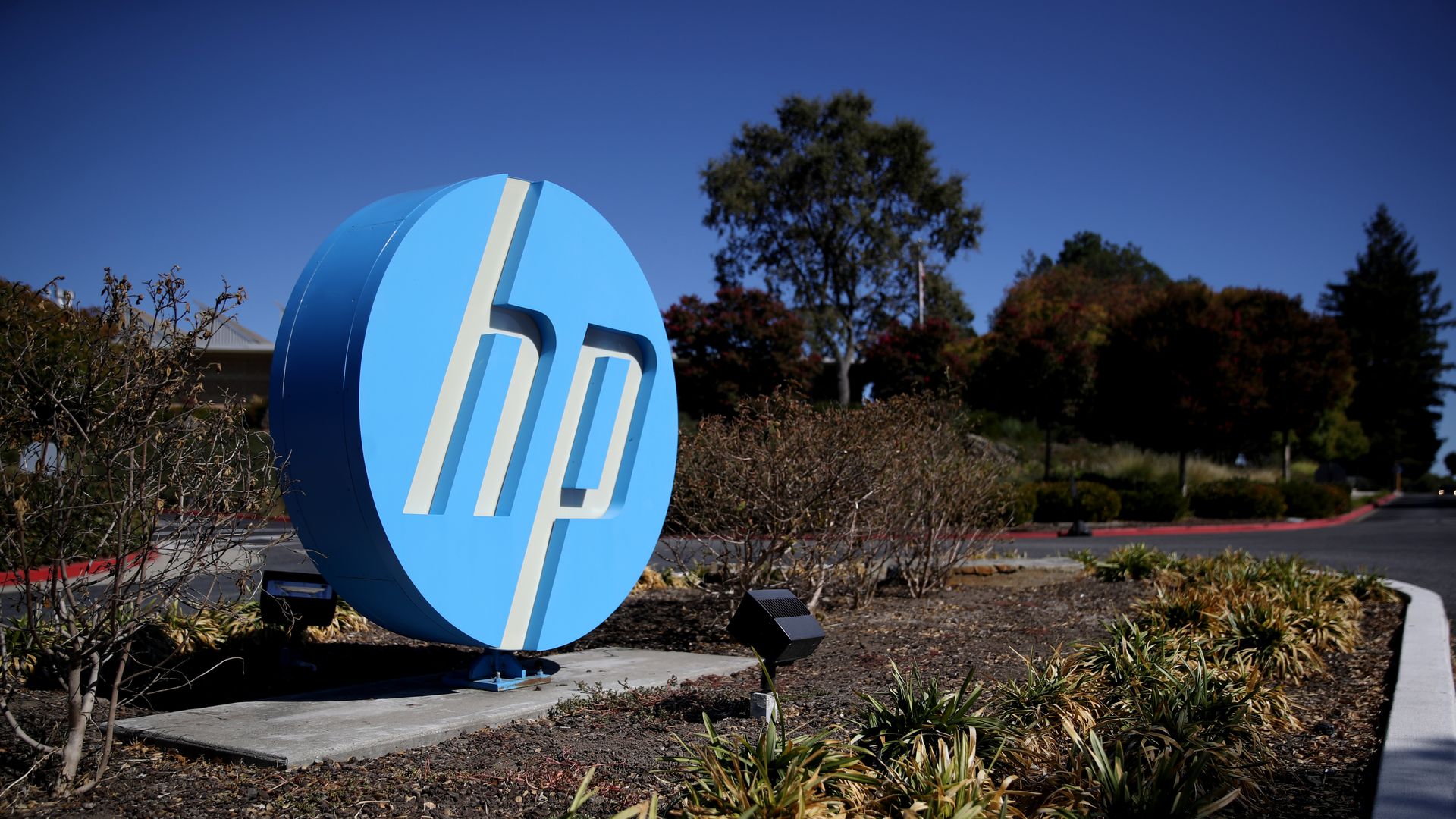 HP logo outside its corporate headquarters.