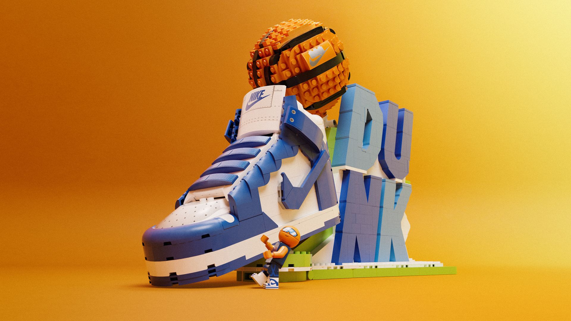 A Lego set featuring a Nike shoe, a basketball and the word "Dunk"