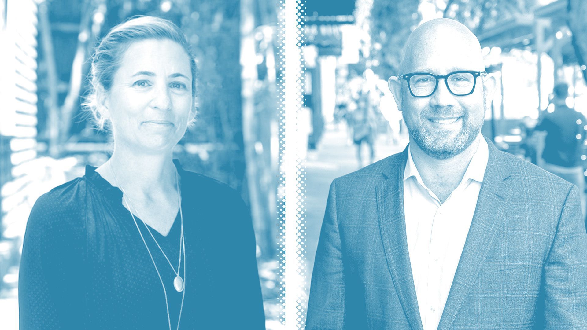 Photo illustration of Kate Stoia and Rafael Mandelman