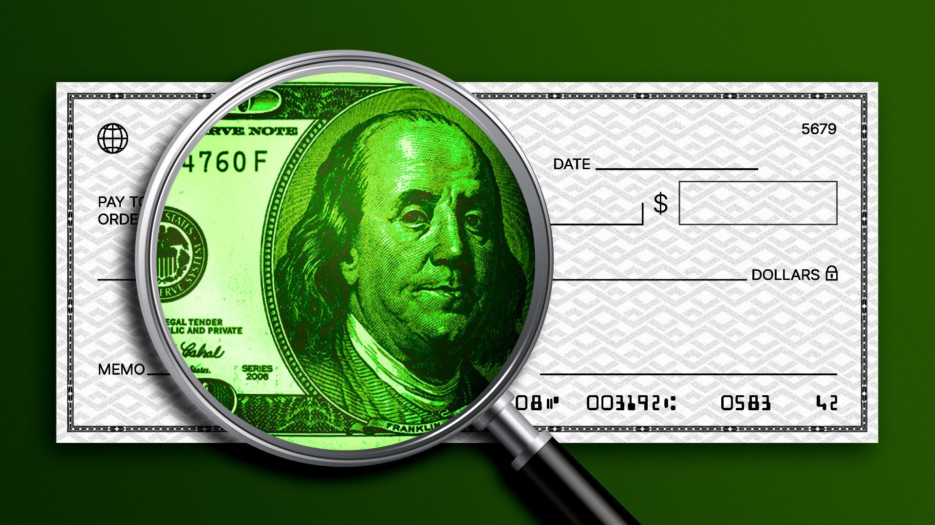 Illustration of a blank check with a magnifying glass hovering over it, revealing a one hundred dollar bill within the glass