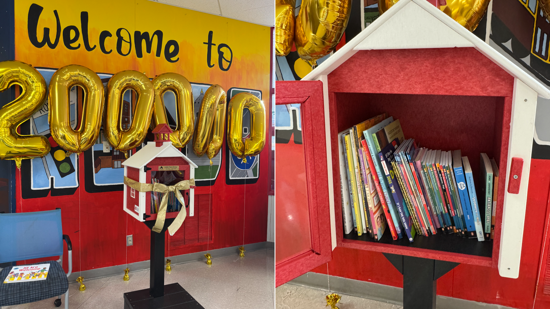 A small red box designed like a one-room schoolhouse that is filled with books.