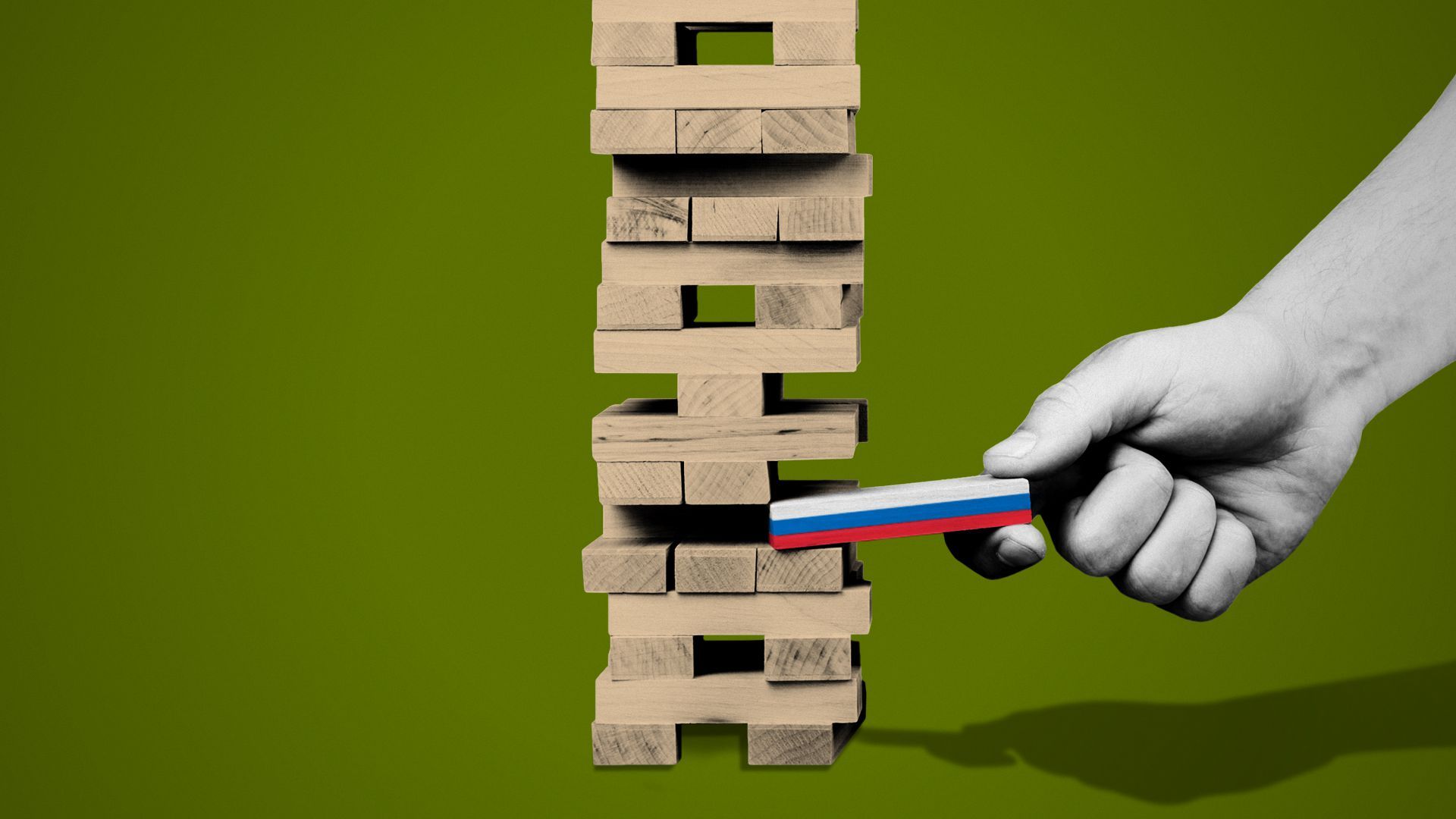 Illustration of a wooden block in the colors of the Russian flag being pulled from a tower of blocks.