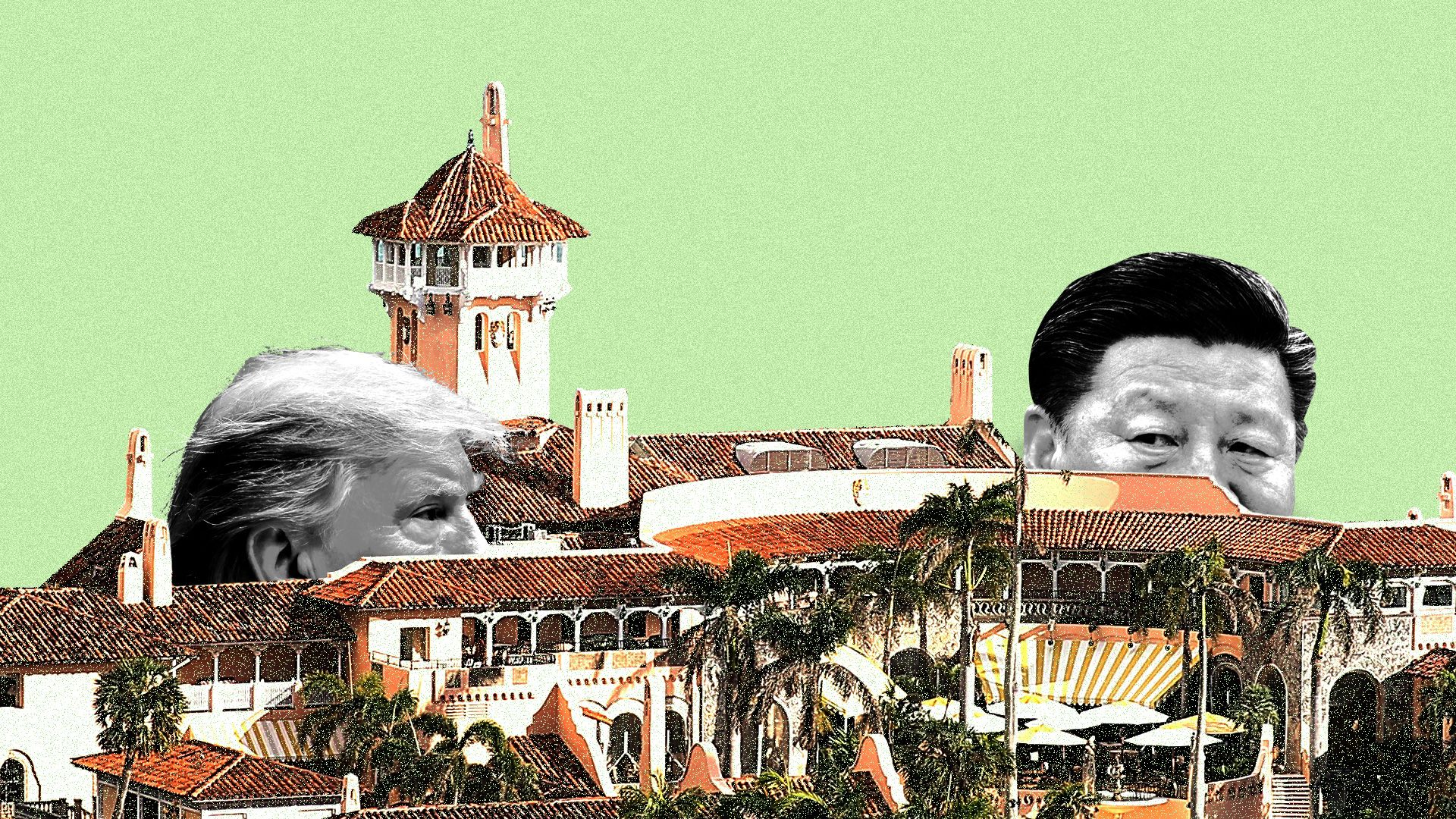 Donald Trump and Xi Jinping peering at each other on the grounds of Mar-a-Lago