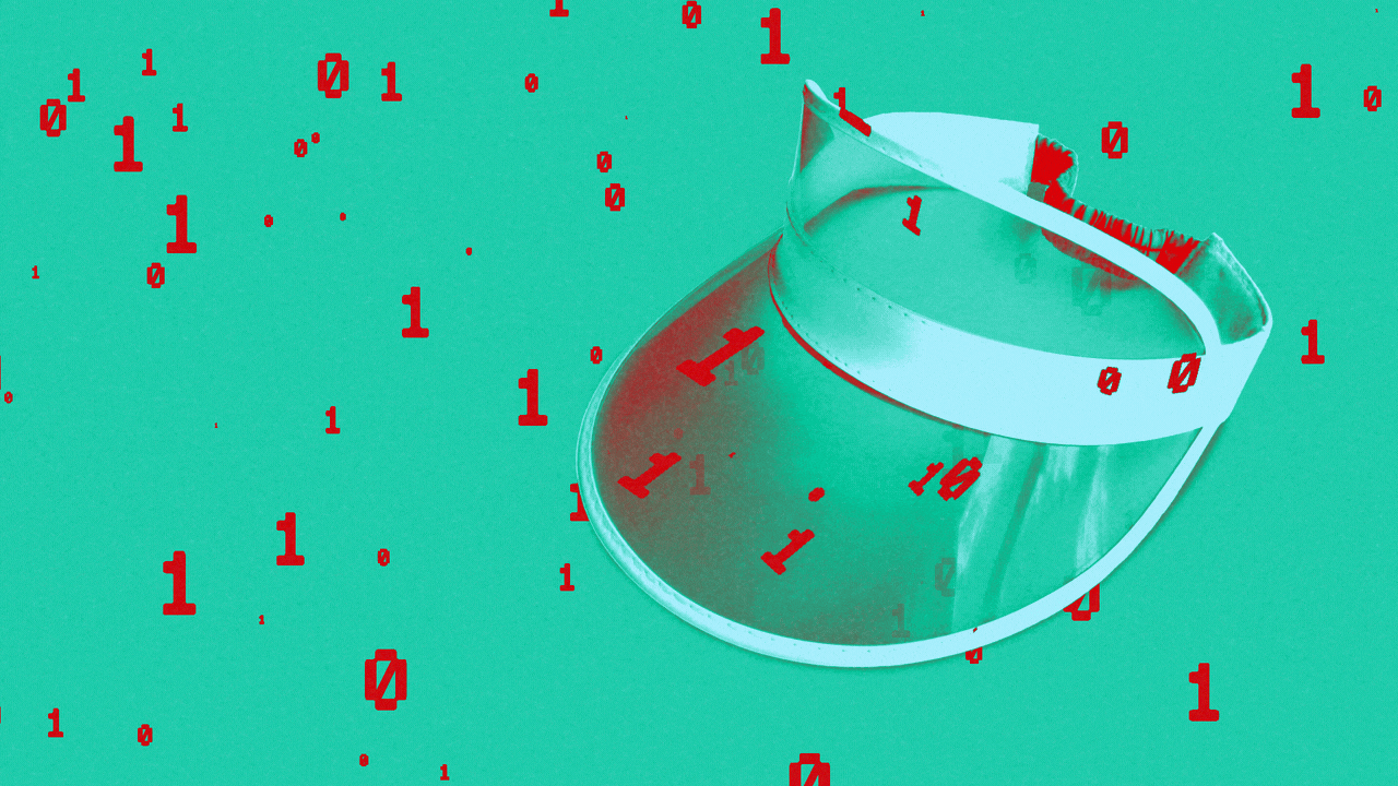 Animated illustration of a green plastic visor, with binary code flowing over it.