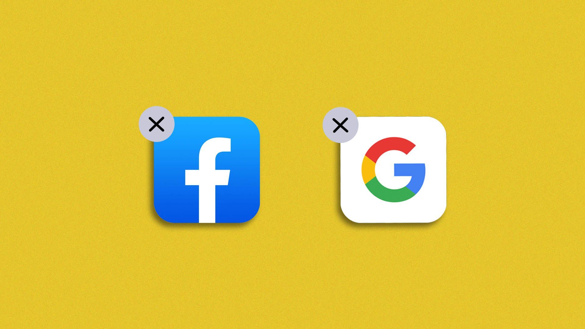 Illustration of Facebook and Google app about to be deleted.