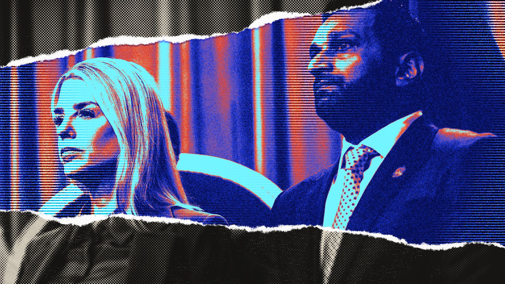 Photo illustration of a print image of Pam Bondi and Kash Patel with a tear in it revealing the same image rendered to look like a digital screen below the paper.