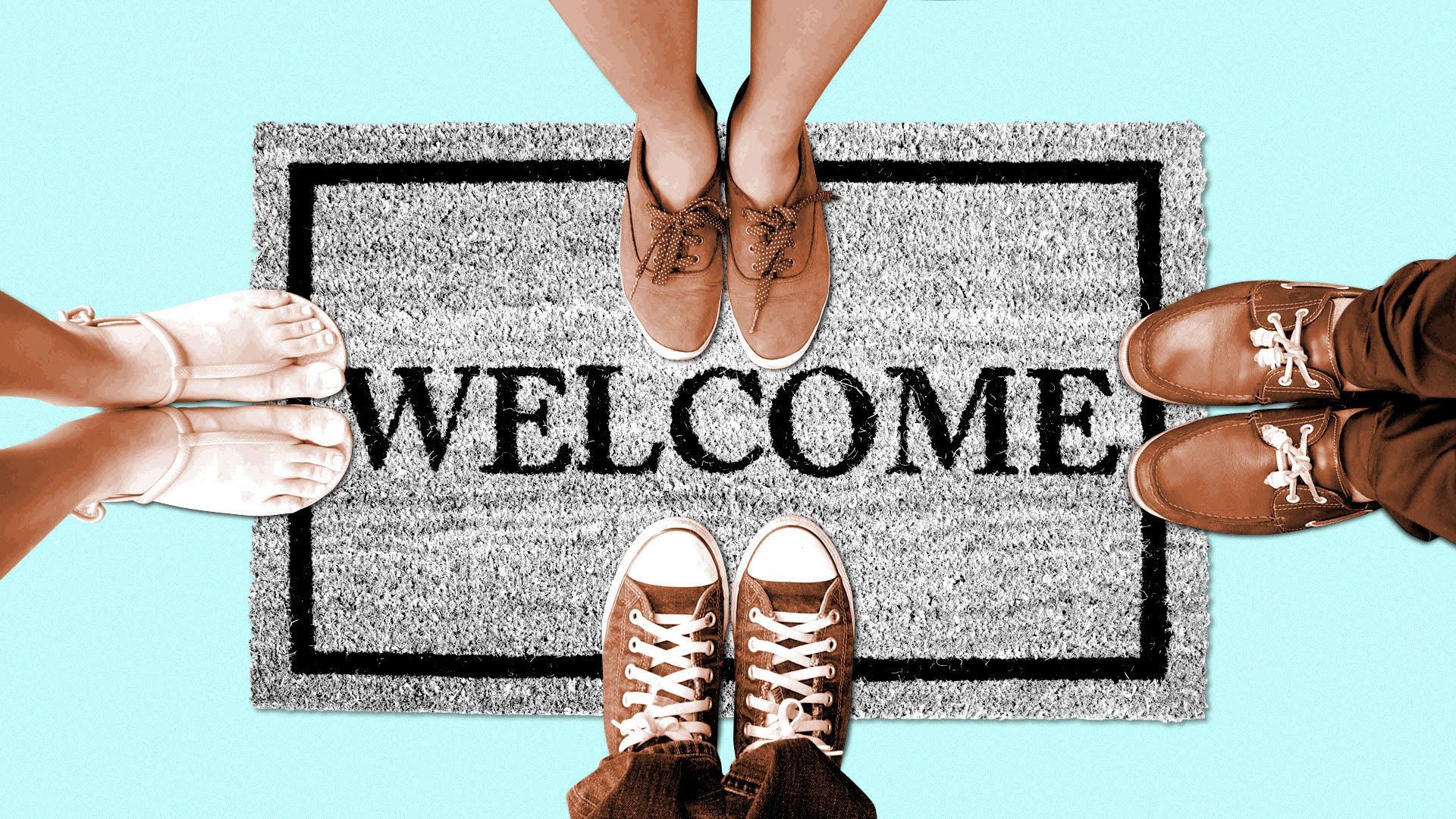 Illustration of 4 pairs of shoes on a welcome mat.