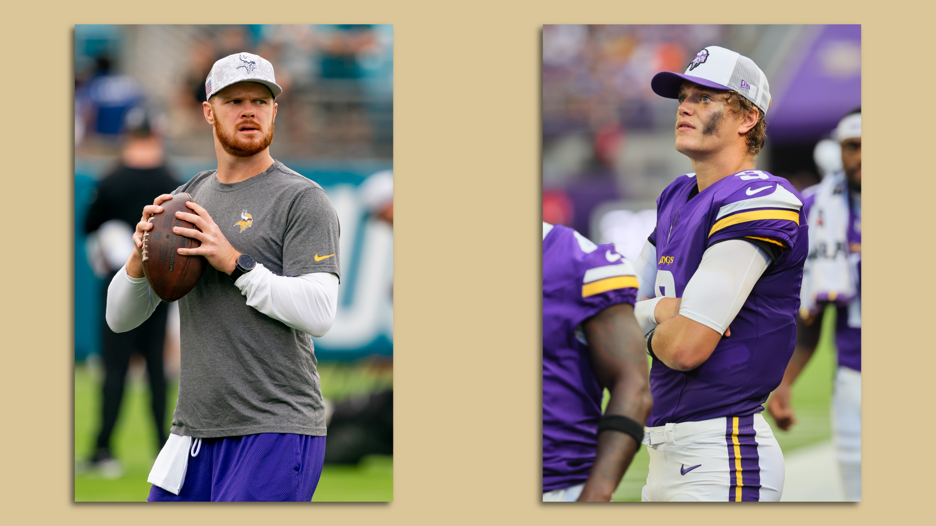 Sam Darnold throwing a football on the left and JJ McCarthy standing on the sideline on the right 
