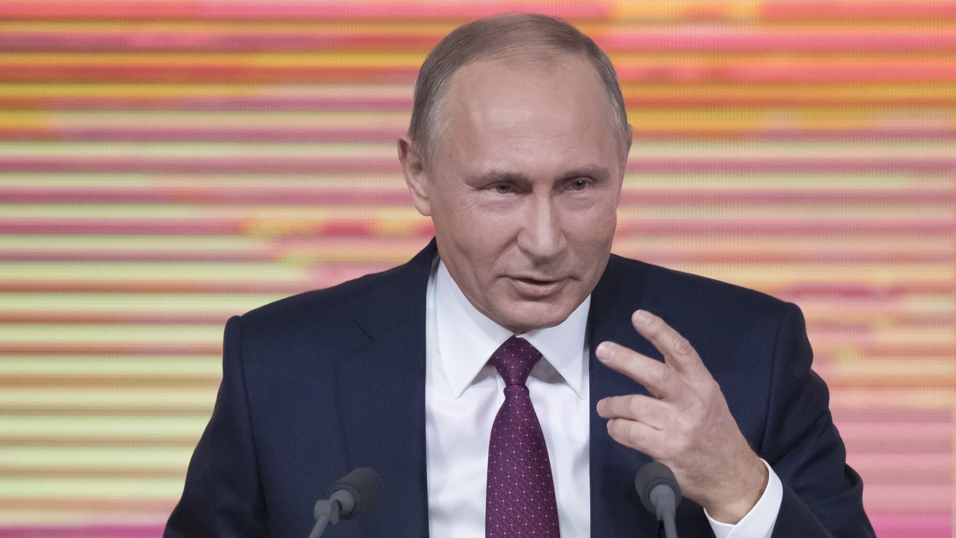 Russian President Vladimir Putin gestures during his annual news conference in Moscow, Russia.