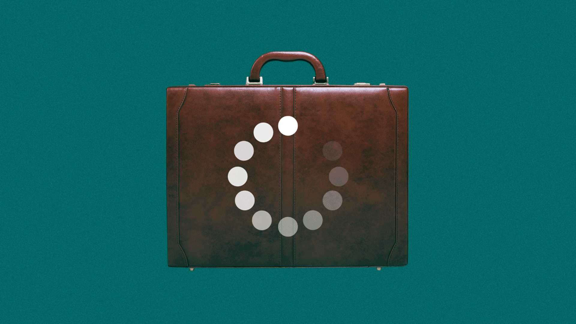 Animated illustration of a briefcase with a loading icon spinning endlessly