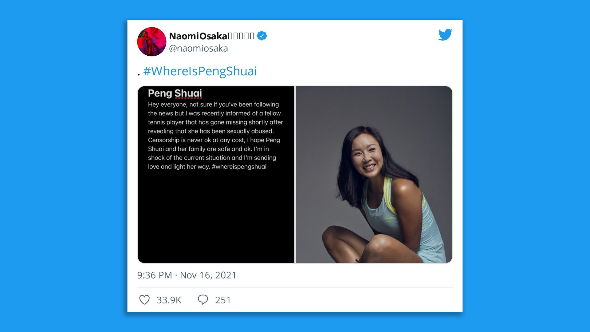Naomi Osaka tweet about Peng Shuai