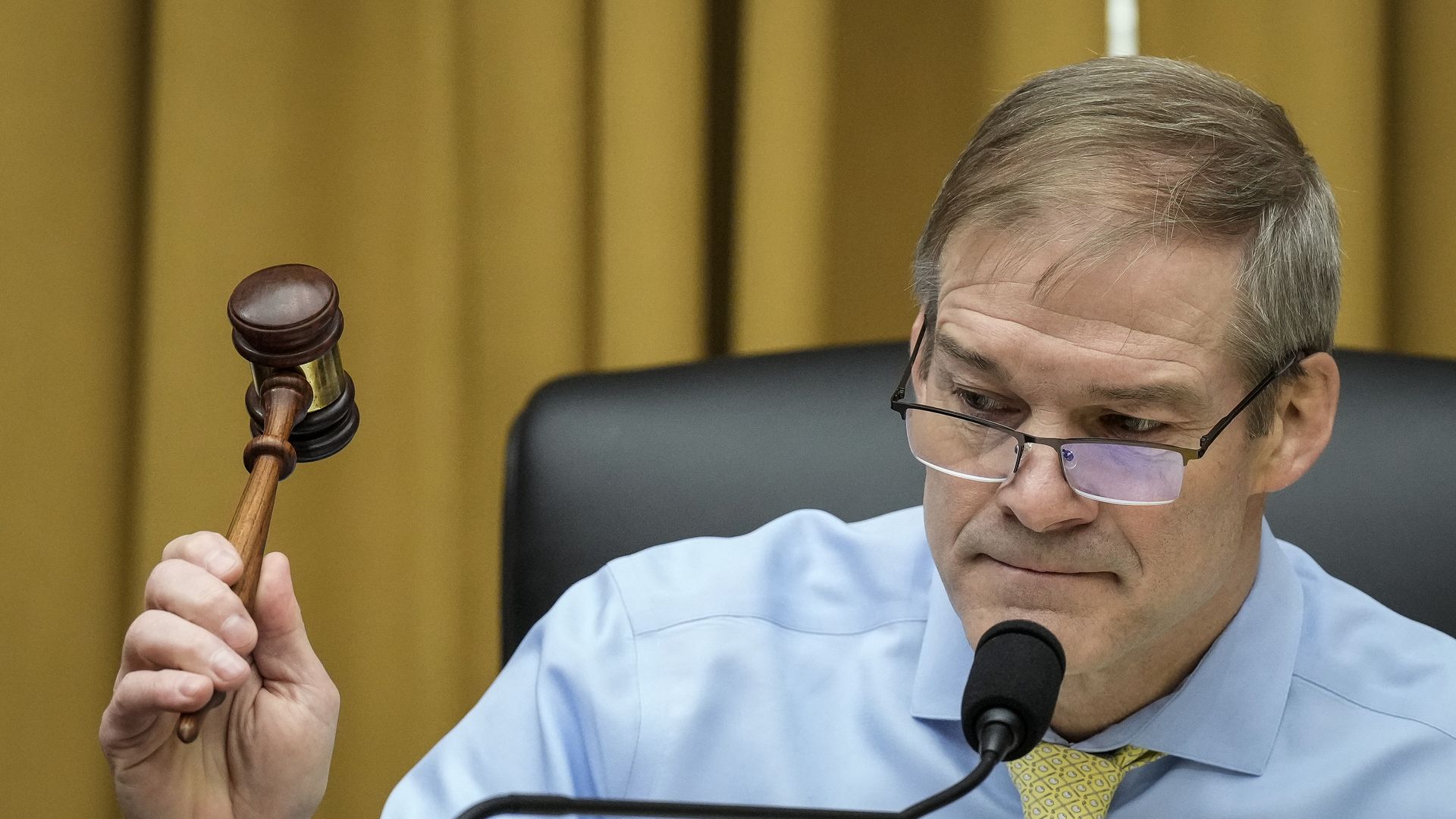 U.S. Rep. Jim Jordan (R-OH), Chairman of the House Judiciary Committee, strikes the gavel to start a hearing on U.S. southern border security on Capitol Hill. 